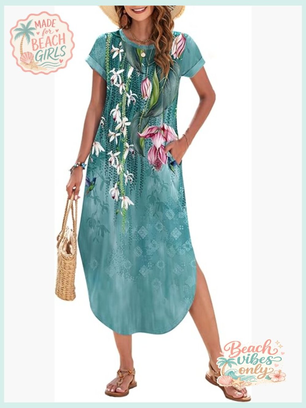 Casual Loose Short Sleeve Maxi Dress with Pockets Side Split Beach Sundress